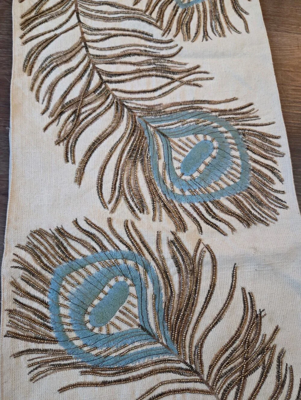 Pier 1 Imports Table Runner Beaded Peacock Feather Biege/Cream with Blue
